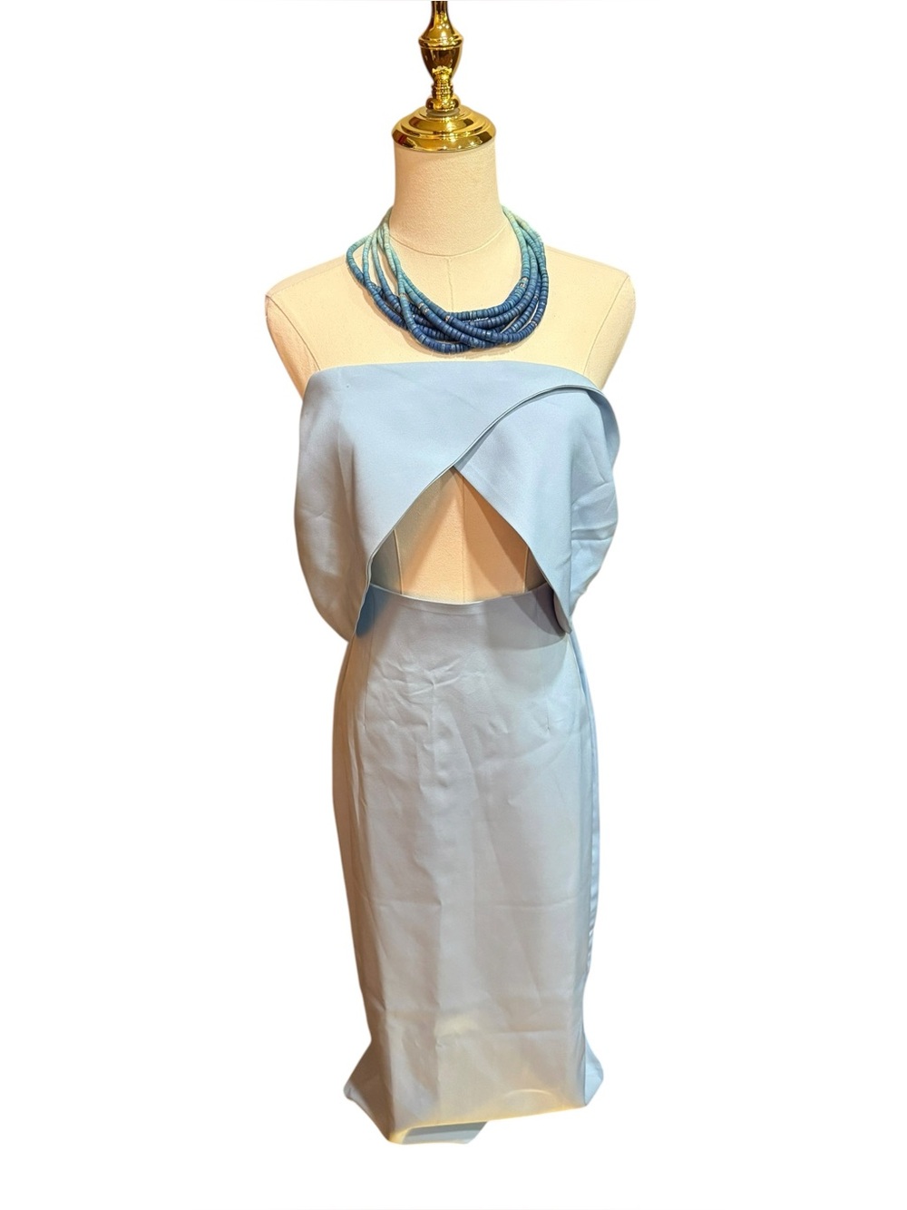 Elagia Powder Blue Strapless Cutout Midi Dress | Sculptural Foldover Bodice - Picture 7 of 8